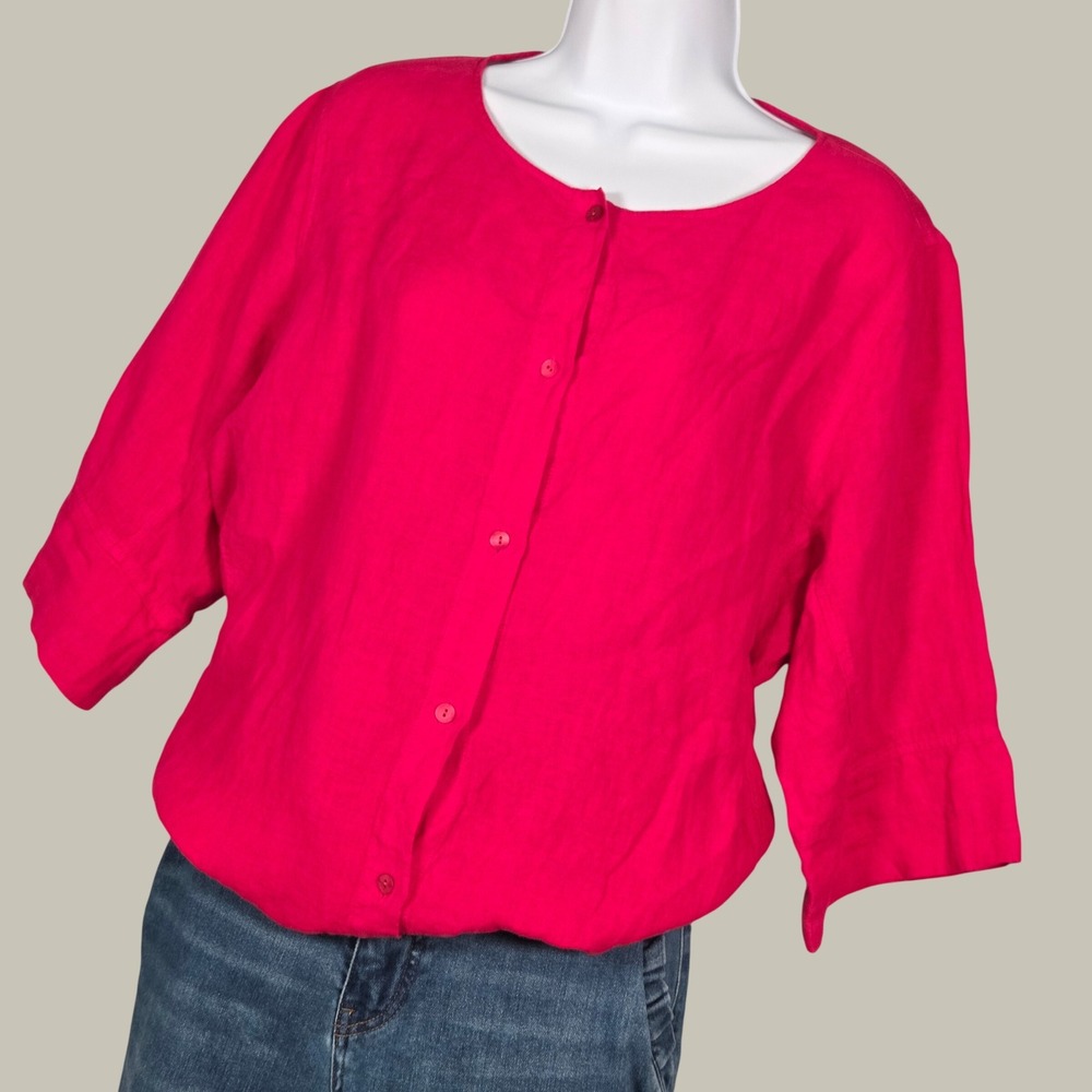 Oska Women 3 Large Linen Button Front Blouse Fuchsia Pink 3/4 Sleeve Top